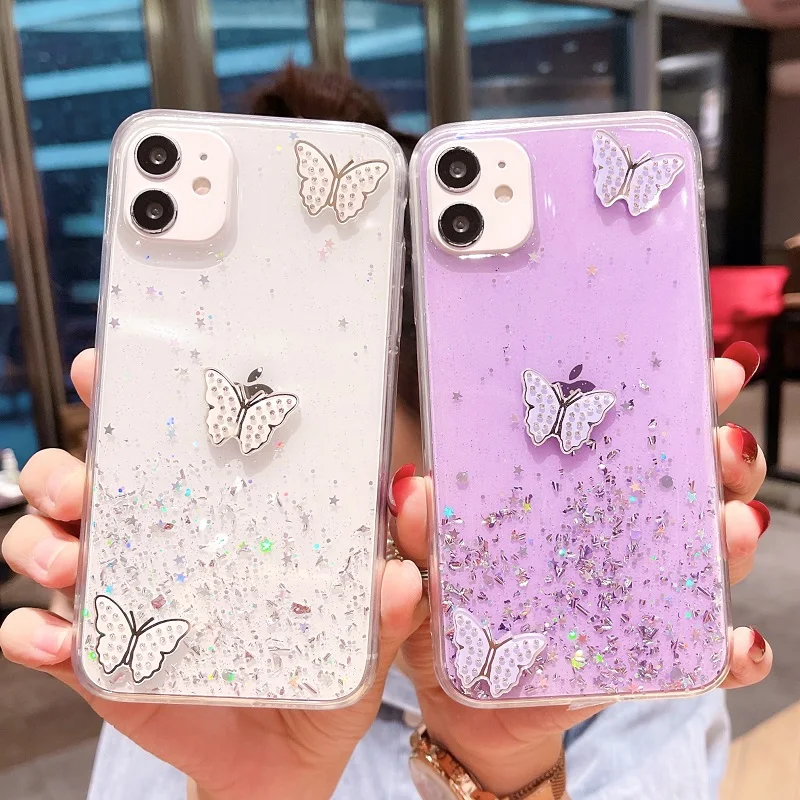 Gradient Flashing Diamond Butterfly Phone Case For OPPO Reno 6 5 4 3 2 Ace SE Z K F Lite Pro Plus Transparent Cover