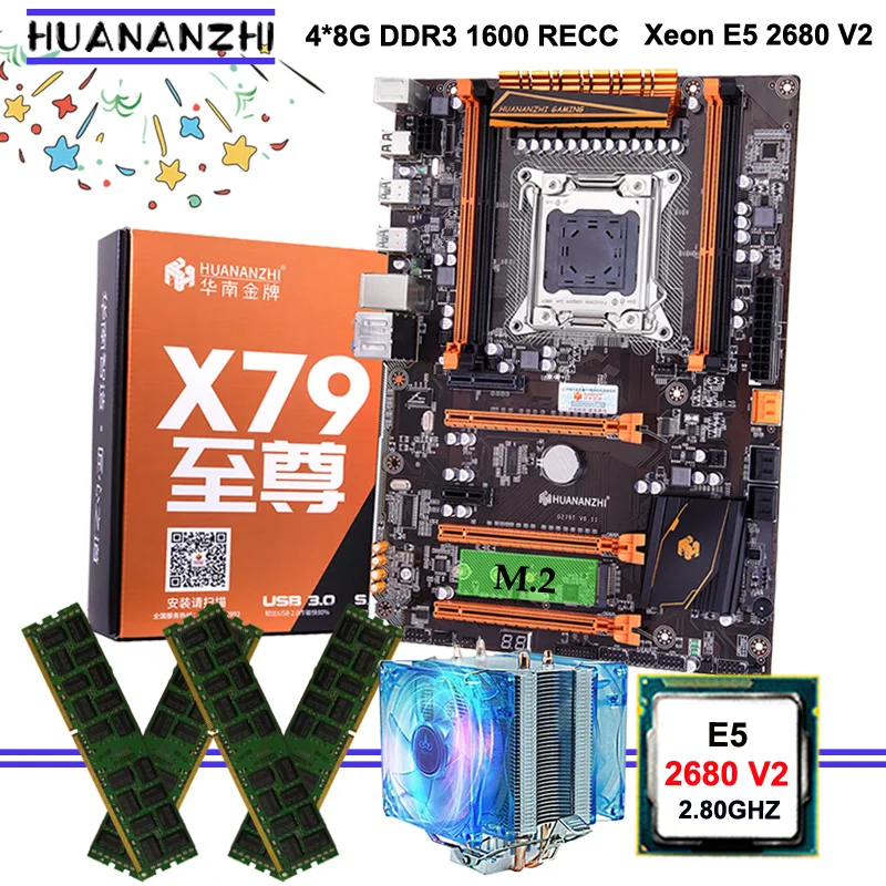 

HUANANZHI X79 Deluxe Gaming Motherboard Combo On Sale Xeon Processor E5 2680 V2 with CPU Radiator Big Brand RAM 32G(4*8G) RECC