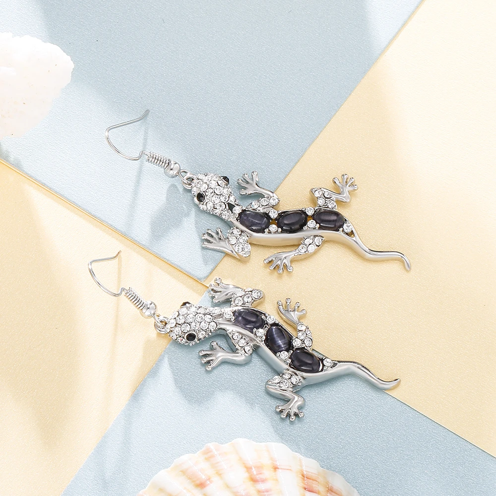Серьги с розовыми и черными стразами и опалами, изысканные и роскошные, цвет золота и серебра, с преувеличенными ящерицами-гекконами, модные украшения в подарок.