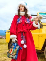 free shipping winter women outerwear single breasted red chinese style embroidery coats detachable fur collar long mid calf