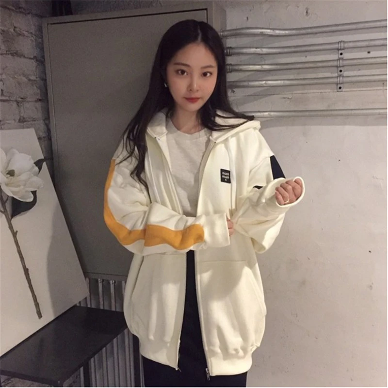 

Korean Retro Ins Girls' Preppy Color Block Embroidery Letter Hooded Zipper Fleece-Lined Warm Sweater Coat Women's Fashion