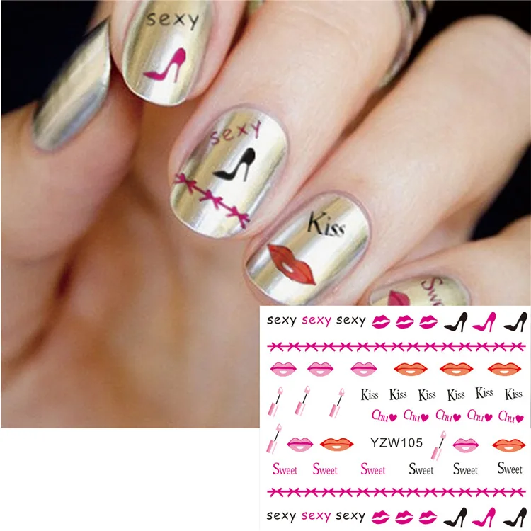 1pcs Pop Style Water Transfer Sticker Nail Art Slider Cool Girl Lips Rose High-heeled Shoes Cartoon DIY Nail Decal Decor Tool