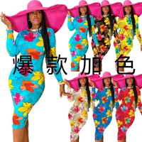 dresses for women autumn flower print long sleeve round neck dress wholesale and retail a variety of colors available