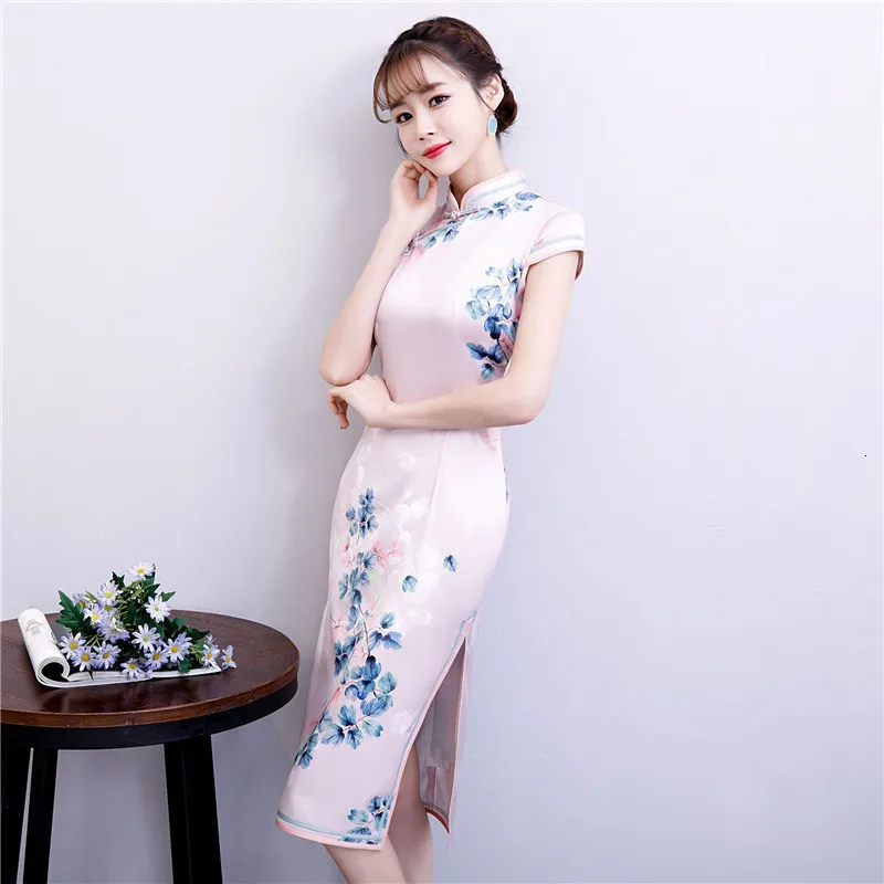 Красное китайское традиционное платье женское шелковое атласное Cheongsam винтажное Ципао летнее платье с коротким рукавом Вечерние Платья с цветочным принтом размера плюс