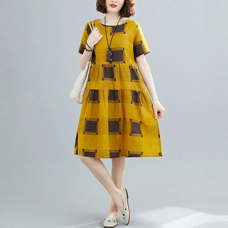 Женское Повседневное платье в клетку свободное хлопково-льняное Платье До
