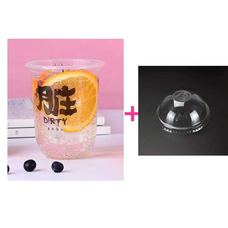 cup and lid Одноразовый жир u-образный узор креативный прозрачный молочный чай пластиковая чашка кофе напиток сок Напиток Упаковка чашки с крышкой - Цвет: cup and lid