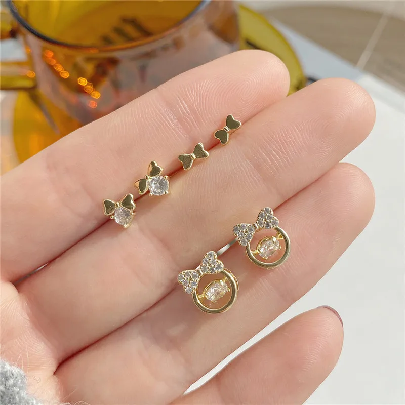 

Simple Fashion 14K Real Gold Six Cute Small with Bow Stud Earrings for Women Cubic Zircon ZC Earrings