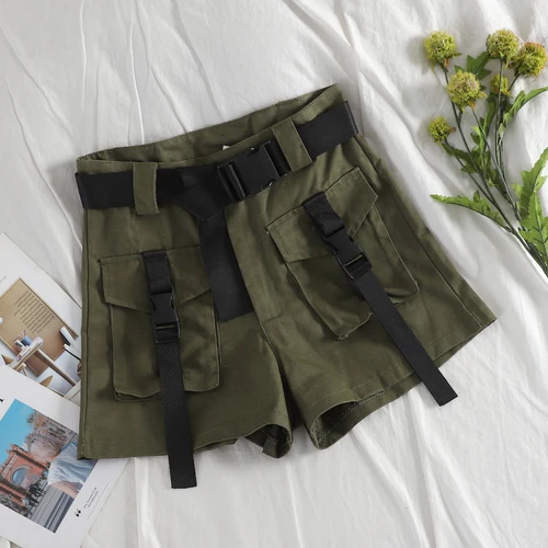 army green Neploe, модные женские шорты с поясом в стиле сафари, шорты с карманами, женские свободные шорты в Корейском стиле, женские шорты с высокой талией, 45327 - Цвет: army green
