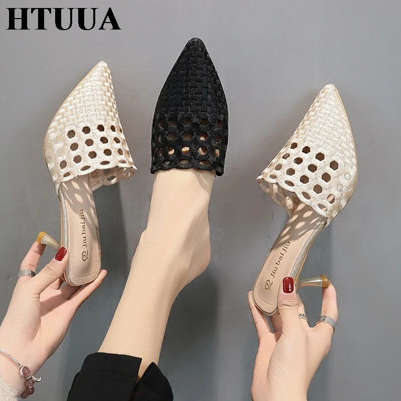 HTUUA/Новинка; сезон весна-лето; туфли без задника; женские шлепанцы; пикантные босоножки на высоком каблуке с острым носком; открытые туфли-лодочки; женская обувь; SX2344