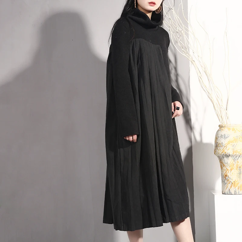 LANMREM 2020 весеннее Новое модное черное плиссированное платье с воротником-хомутом