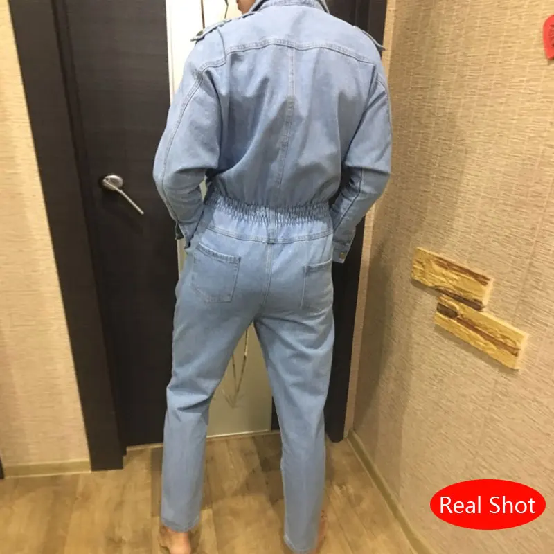 Женский комбинезон BF синий с длинным рукавом и высокой талией|Женские