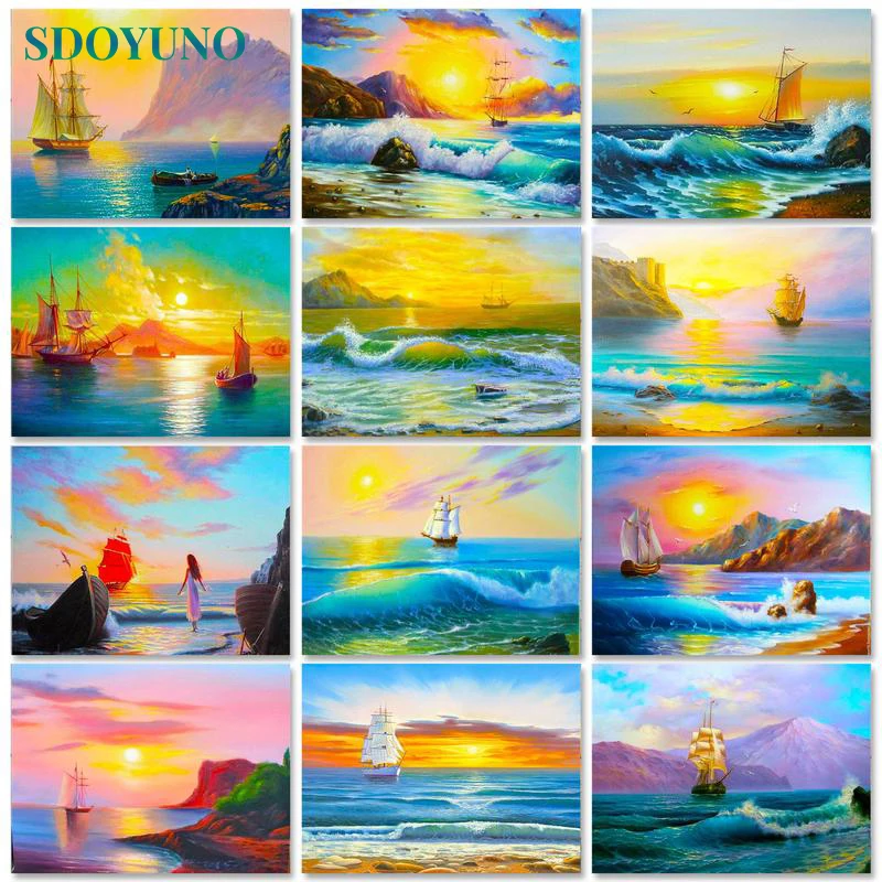 

SDOYUNO Oil Paint By Numbers Kits Seascape DIY Painting By Numbers On Canvas Frameless 60x75cm Scenery Home Decor Wall Art