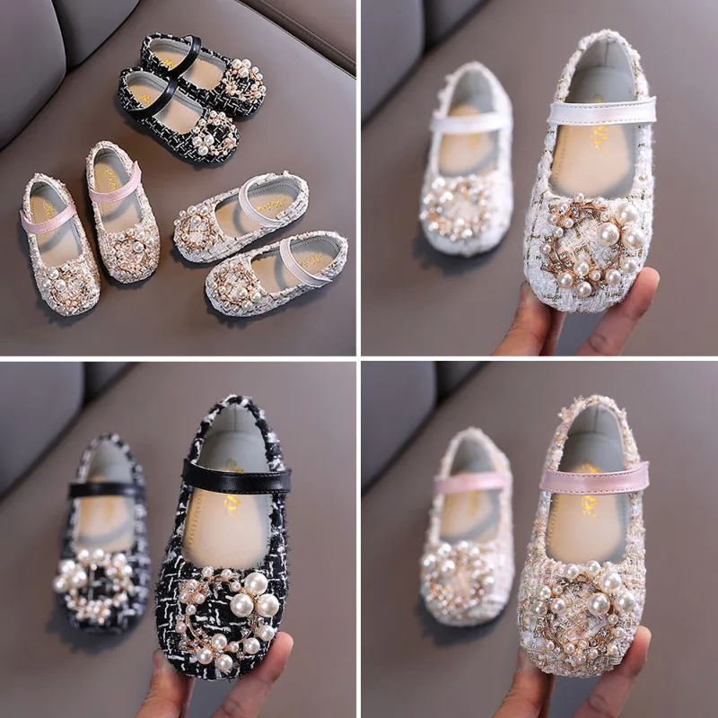 

Kids Girls Pearl Crystal Princess Shoes 2021 New Wedding Dress Non - Slip PU Leather Flat Dance Shoes for Children