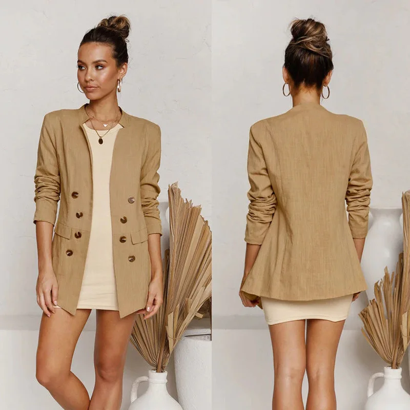 

Mandylandy Blazers Women Casual Long Sleeve Cardigan Notched Blazers Jacket Spring Autumn Solid Color Double Breasted Slim Coat