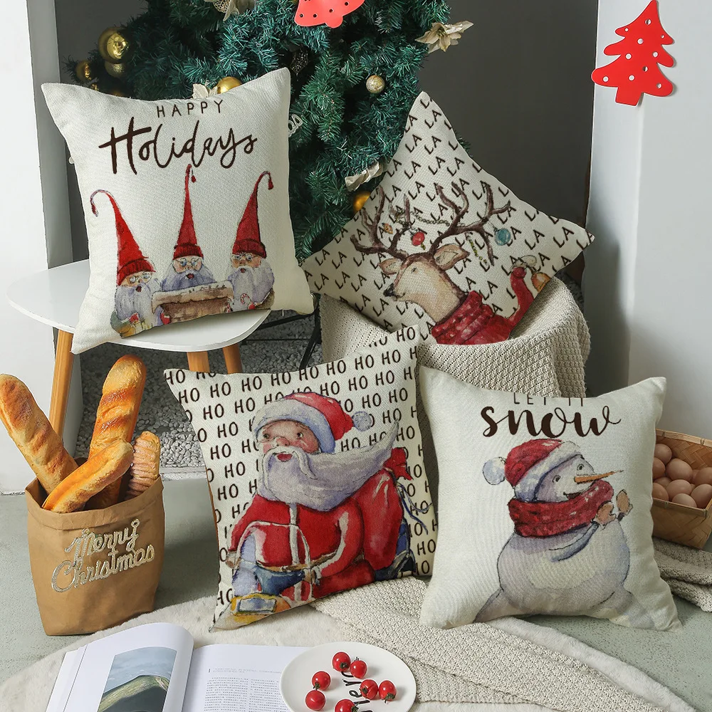 

45x45cm Cartoon Santa Claus Elk Christmas Pillowcase Linen Christmas Decor for Home Merry Christmas Ornament Navidad Xmas Gifts