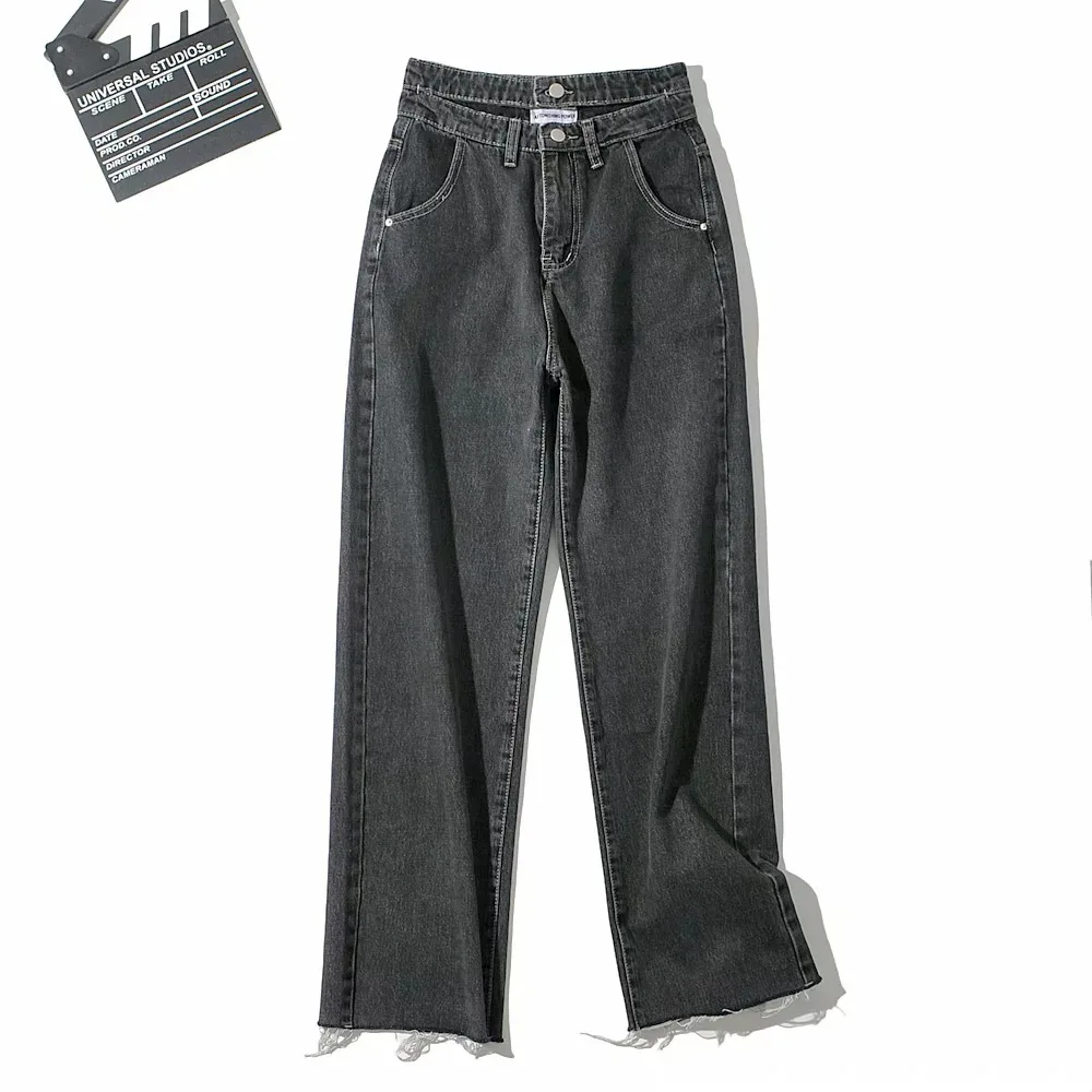 

Fall 2020 women jeans wide leg high waist jeans black bf denim pants korean double waist jeans hollow out baggy pants deep grey