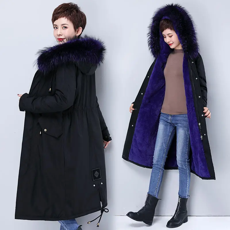 Parka Coat Long Winter Jacket Women Warm Big Fur Plus Size Female Lady Overcoat Outwear Clothes Black Windproof Tops Hat