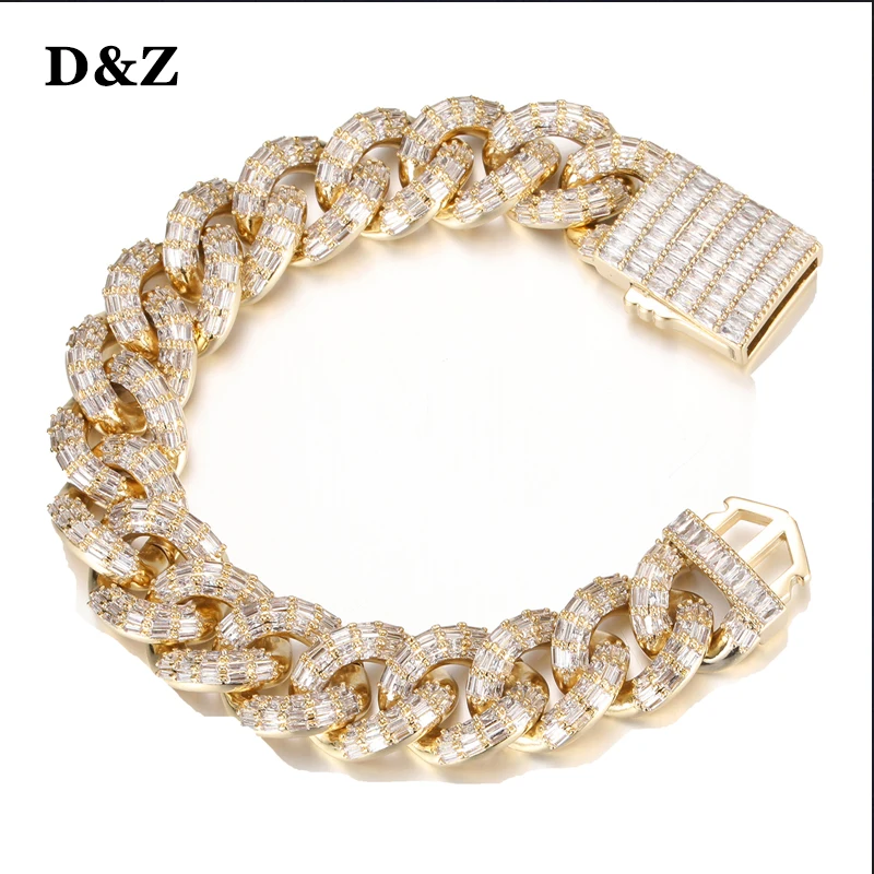 

D&Z New 16MM Iced Out Baguette Prong Cuban Link Bracelet Spring Buckle Fashion Heavy Miami Cuban Chain Necklace Hip Hop Gift