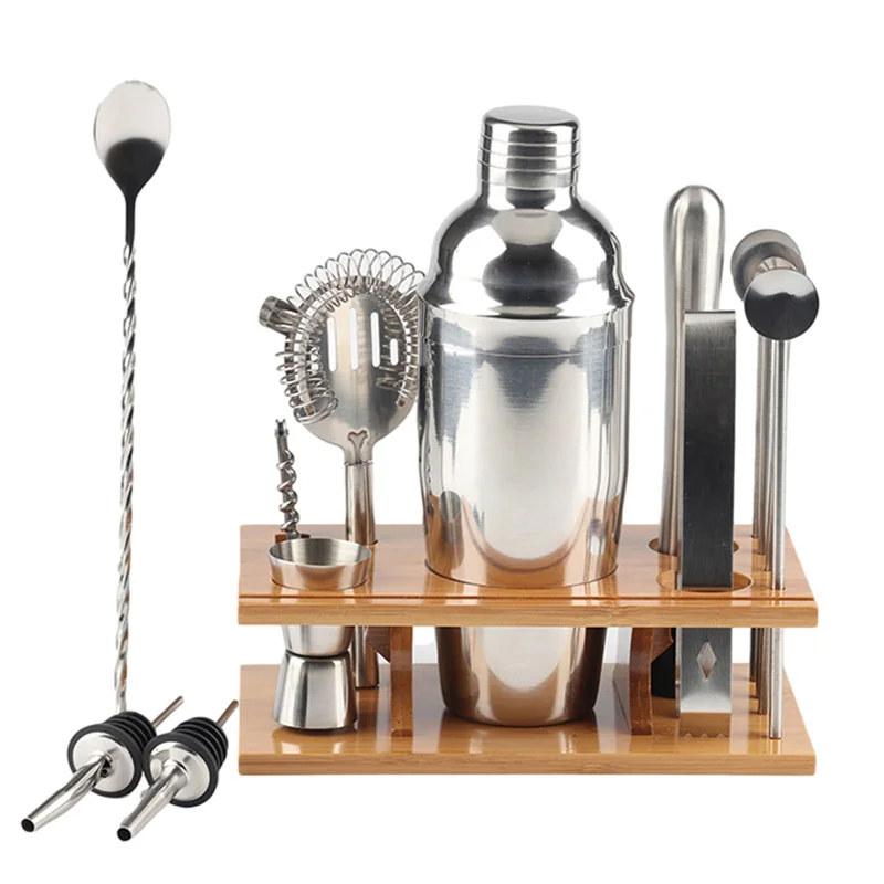 

14pcs 750ml Stainless Steel Cocktail Shaker Mixer Drink Bartender Browser Kit Bars Set Tool with Wine Rack Stand Family Bar Tool