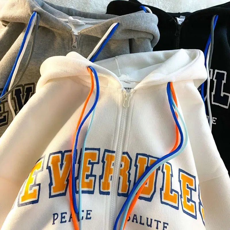 

American Hoodies Women Autumn New Retro Vintage Zipper Sweatshirt Female Korean Fashion Oversized Printed Hooded Cardigan Top