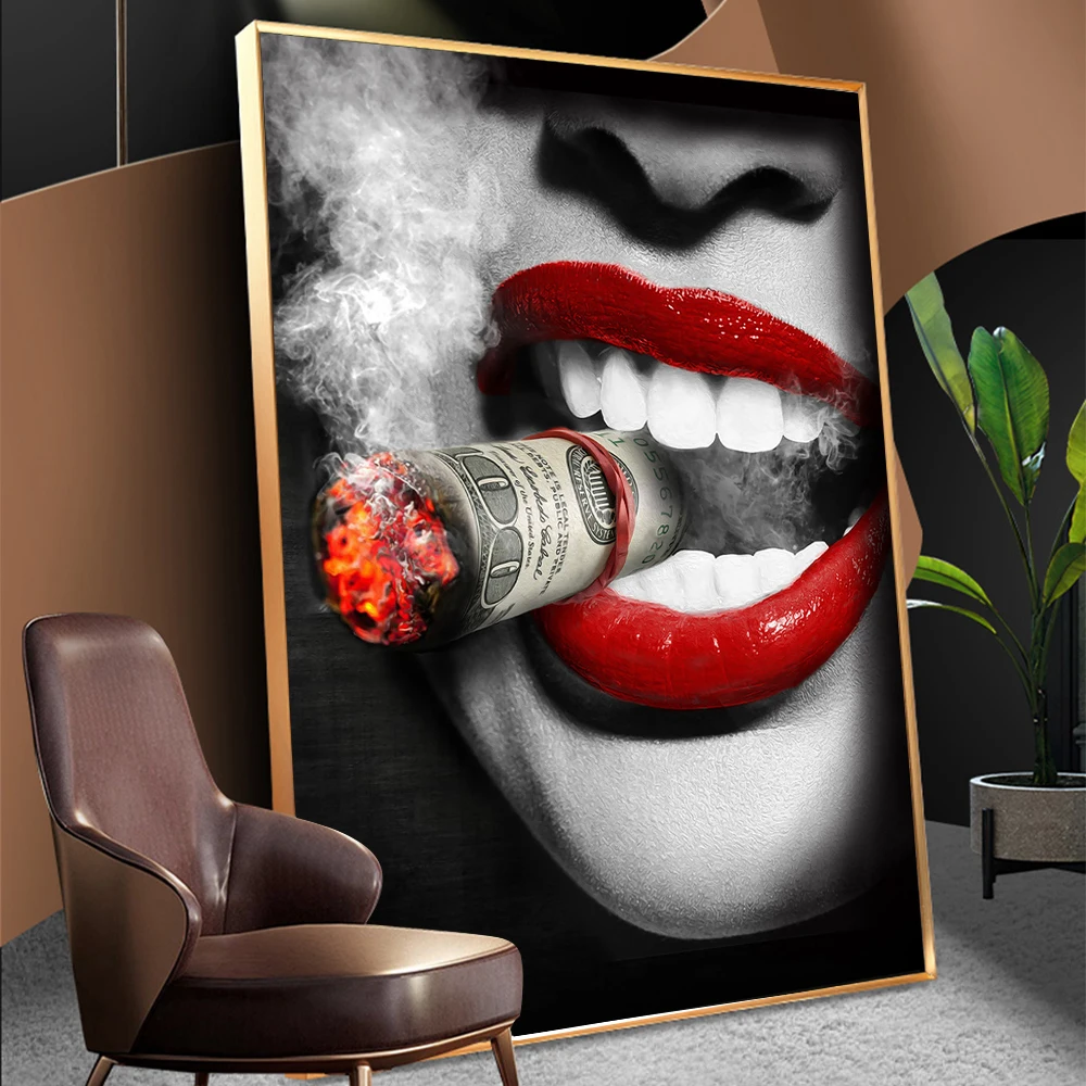 

Women Smoking Posters Sexy Red Lips Cool Portrait Oil Paintings on Canvas Bar Wall Decor Hanging Pictures Home Decoration