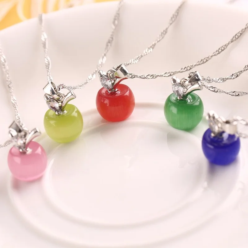 Apple Natural Stone Pendant Crystal Necklace Silver Plated Quartz Bead Necklaces Fashion Jewelry for Female Women Gift | Украшения и