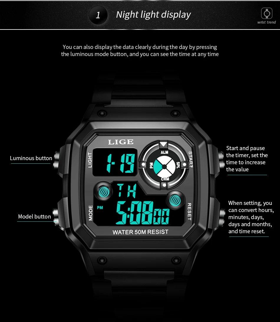 LIGE Brand Men Digital Watch Shock Military Sport Watches Fashion Waterproof Electronic Wristwatch Mens Reloj Inteligente Hombre best Sports Watches