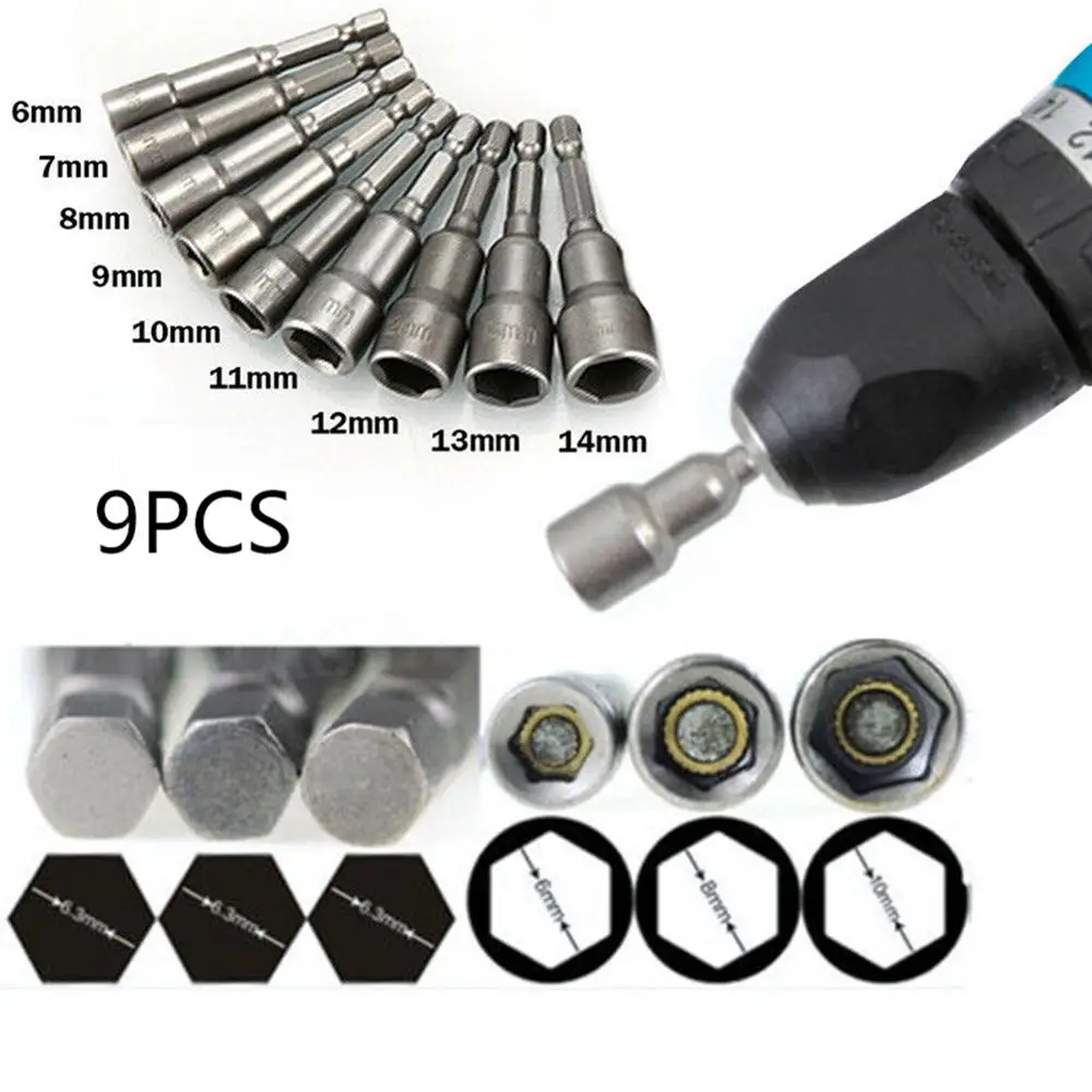 

9pcs 1/4" Magnetic Drill Bit Socket Nut Driver Hex Adapter Shank Tools 6-14mm