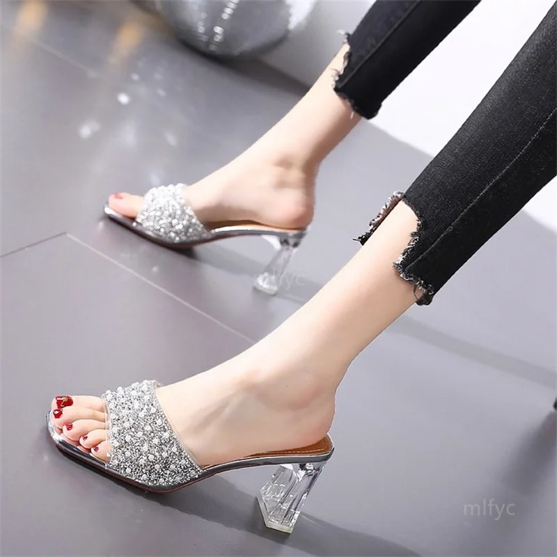 

Crystal heel slippers women's summer wear thick heel 2021 new fashion rhinestone high-heel sandals tide women summer shoes women