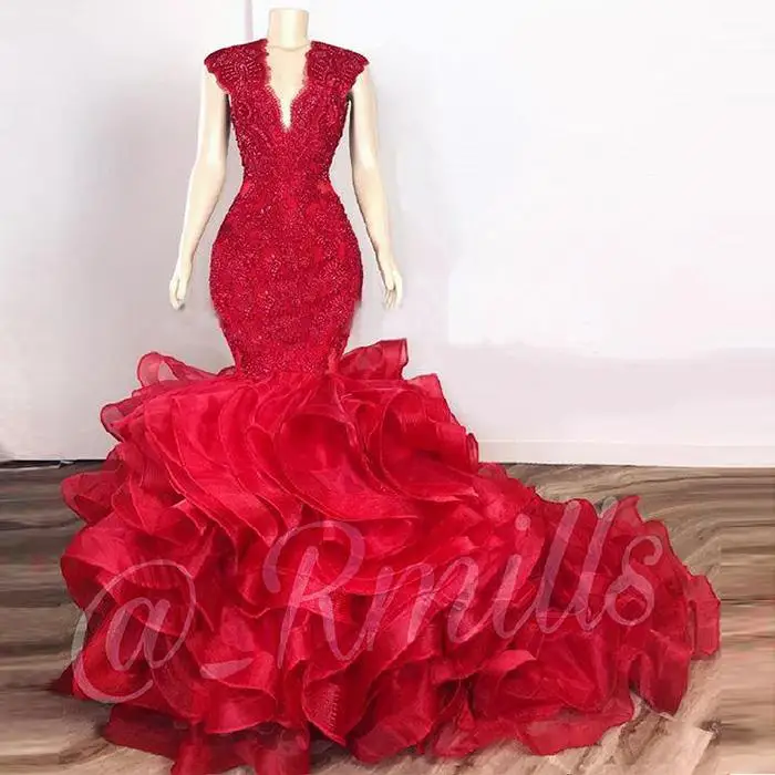 

Dark Red Ruffles Prom Dresses Mermaid 2021 Lace Beaded Organza V-neck Evening Gowns Cocktail Party Dress Robe De Soriee