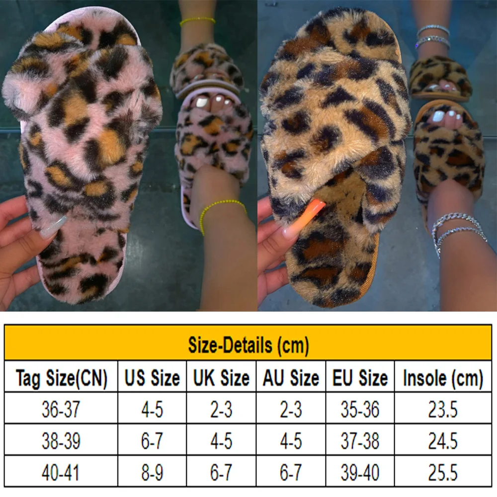 

Hot Sale Women Leopard Slippers Fashion Open Toe Flock Cross Plush Slippers Ladies 2Colors Winter Fluffy Furry Flat Home Shoes