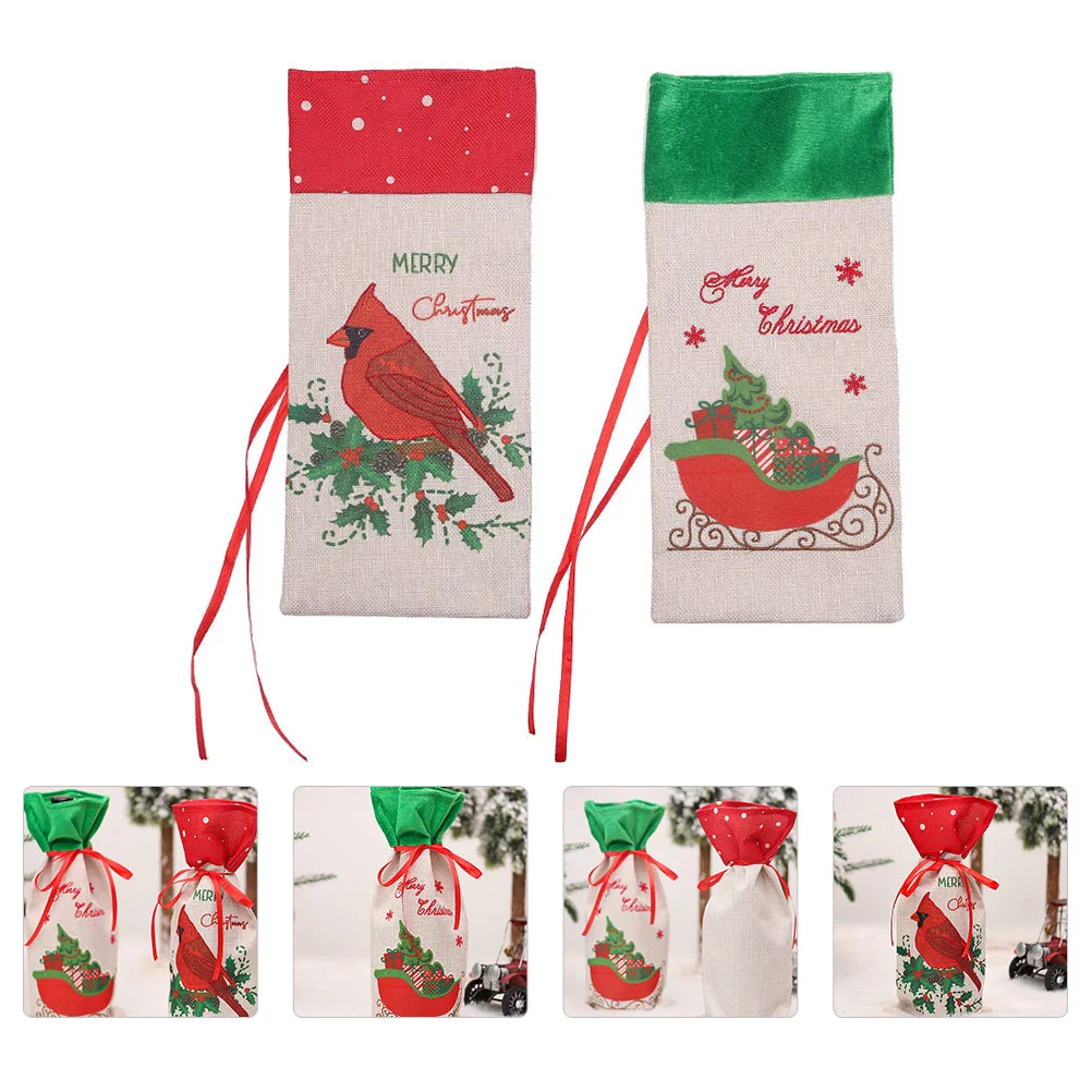 

2Pcs Christmas Linen Cloth Drawstring Bottle Covers Decor Bottle Cover