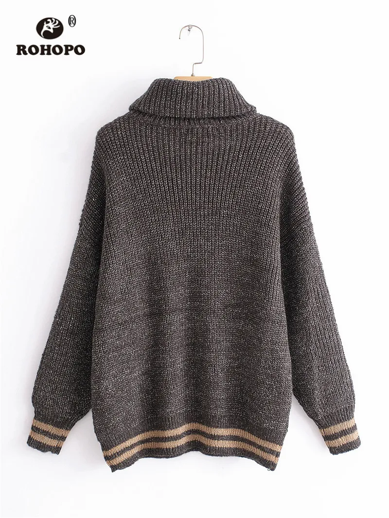 ROHOPO Scarf Collar Pullover Knitted Sweater Long Sleeve Striped Hem and Cuff Autumn/Winter Loose Sweaters #1826 | Женская одежда