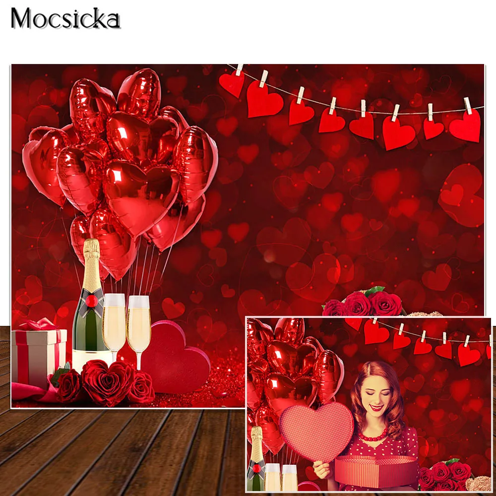 

Red Love Heart Bokeh Backdrop For Valentine's Day Party Decor Backgropund Photography Rose Flower Balloon Photo Props Studio
