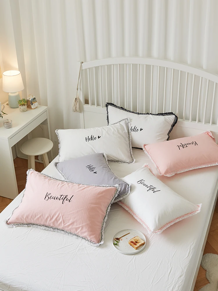 

74x48cm white/pink/grey 100% washed cotton embroidered letter pillowcase tassel single pillow cover sleep pillow case bedding