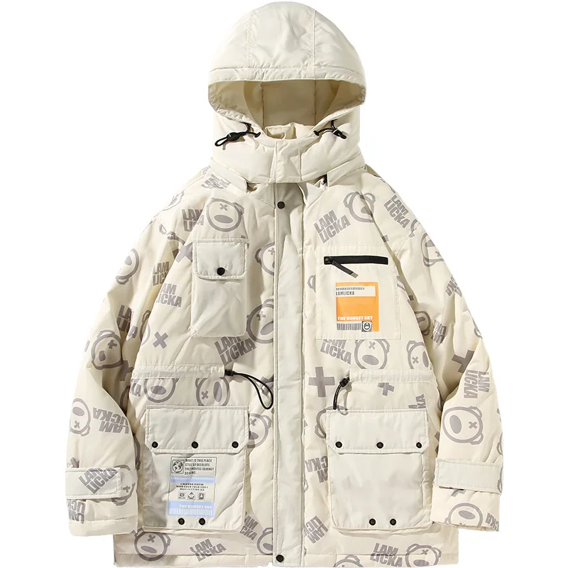 

the Winter new panda printing more pocket hooded collar men loose down jacket popular female couples leisure coat