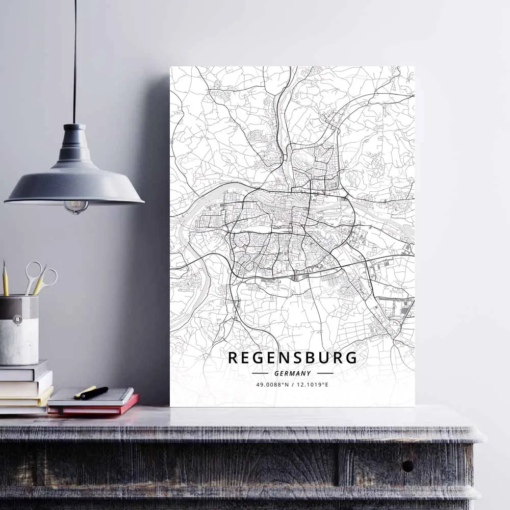 Regensburg Saarbrucken Stuttgart Wiesbaden Wildensee Плакат с картой Германии