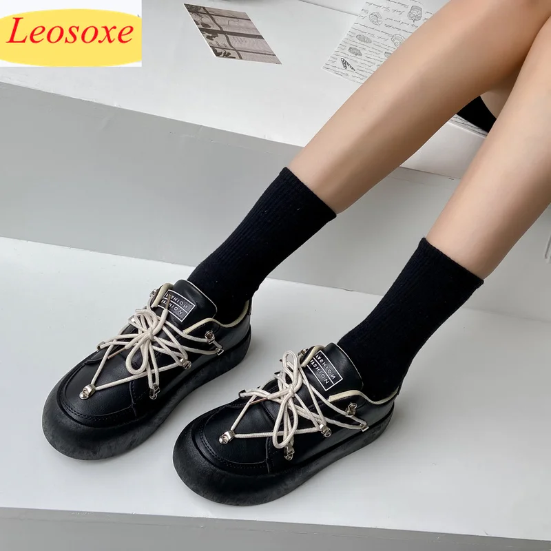 

Fashion Creepers Shoes Women Flat Platform Shoes Black Casual Woman Shoes Round Toe Lace-up Sport Shoes Women's