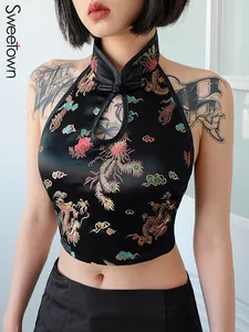 Женский винтажный топ с драконом, на шнуровке