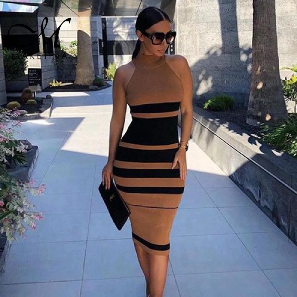 Женское летнее облегающее платье Maketina коричневое Бандажное с высокой горловиной