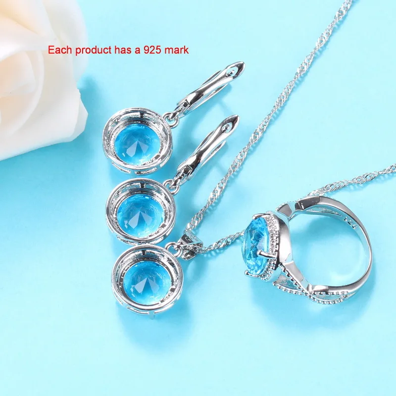Bridal Jewelry Sets Silver 925 Round Sky Blue Cubic Zirconia Ring With Earrings Women Accessories 10-Colors Gift | Украшения и