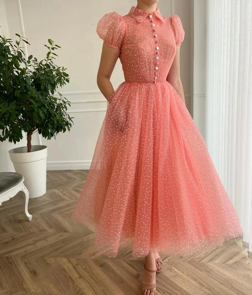 

Розовые марокканские Выпускные платья а-силуэта с коротким рукавом длиной до щиколотки, Тюлевое платье с блестками, бальное платье для выпу...
