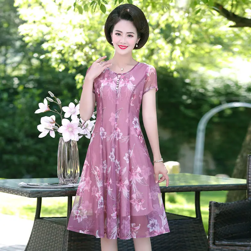 

Women 2021 Summer Fashion Middle-aged Loose Dress Female Short Sleeve Printed A-line Vestidos Ladies O-neck Thin Dresses W37