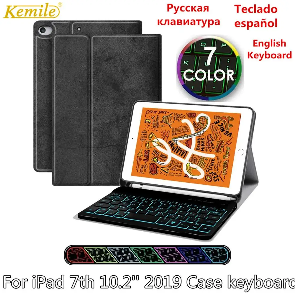 

Чехол с подсветкой для iPad 7, 10,2, 2019 Вт, с испанской и русской раскладкой