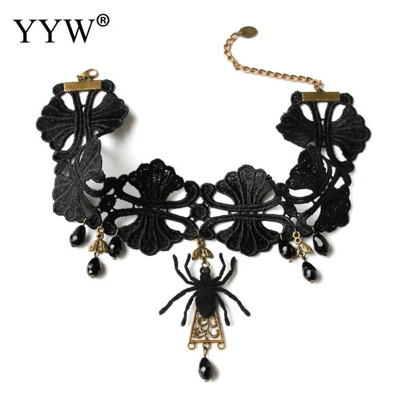 Готический Хэллоуин женское ожерелье чокер Черный Кристалл Паук Подвеска ручной