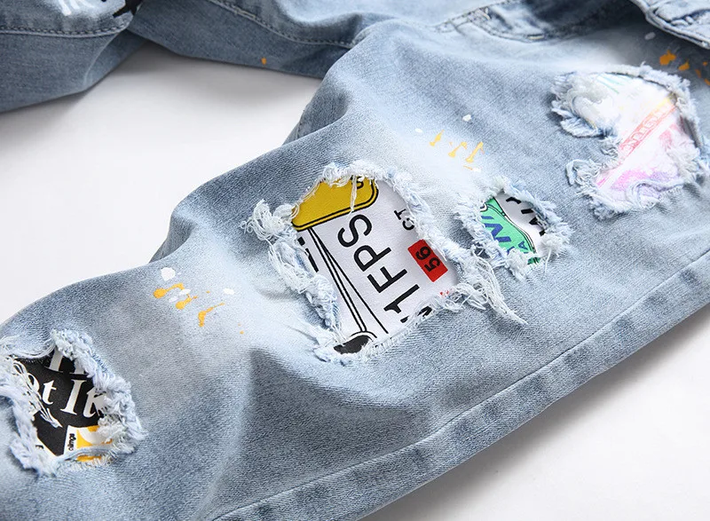 Модные мужские рваные джинсы MORUANCLE с нашивками уличные дырками Стрейчевые |