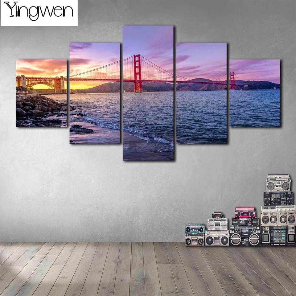 

5 Piece Diamond Painting Golden Gate Bridge Sunset Landscape 5d Diy Embroidery Full Square Round Drill Decor Art,Multi Panel