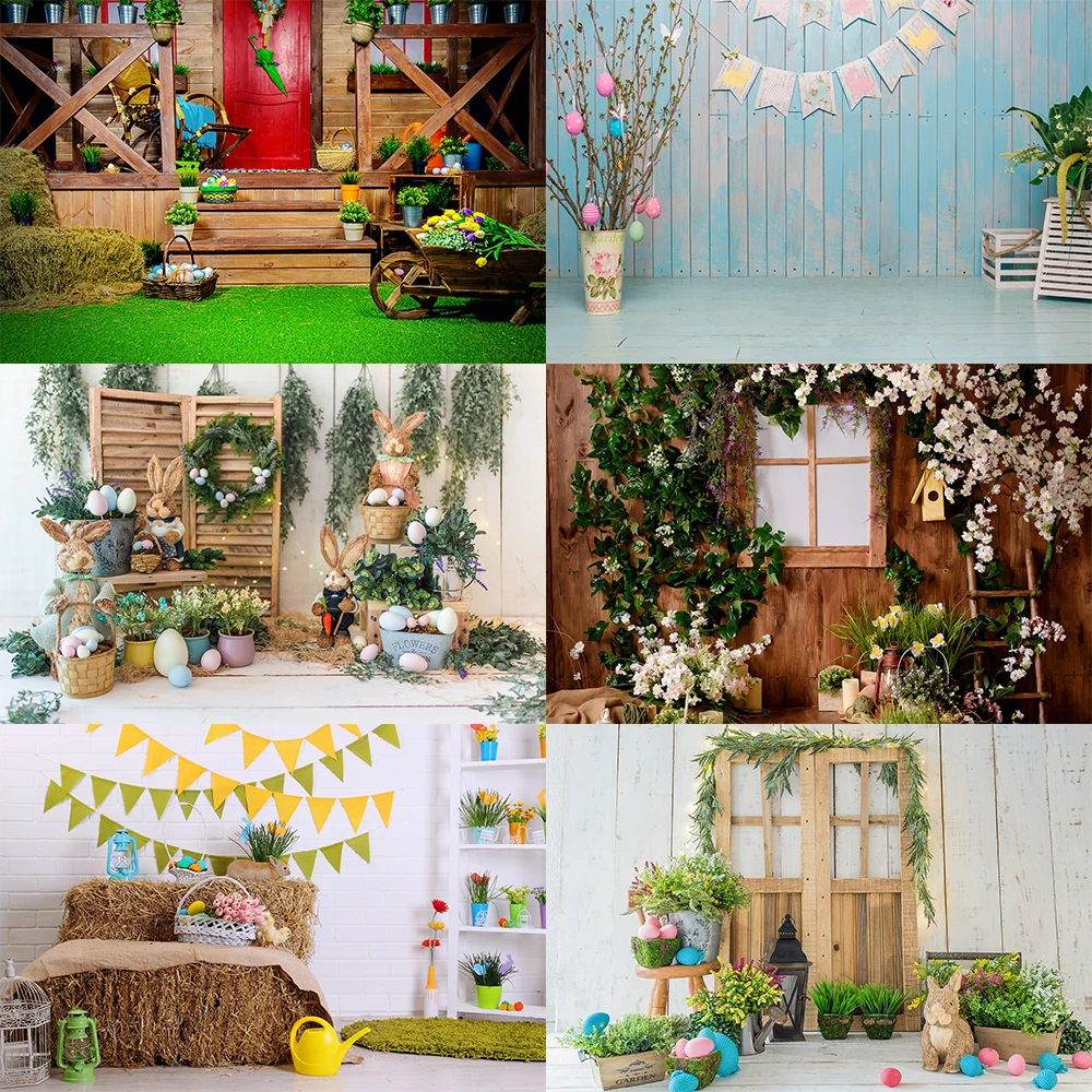 

Easter Photography Backdrops Spring Flowers Rabbit Eggs Wood Wall Baby Child Newborn Decoration Party Photo Background Studio