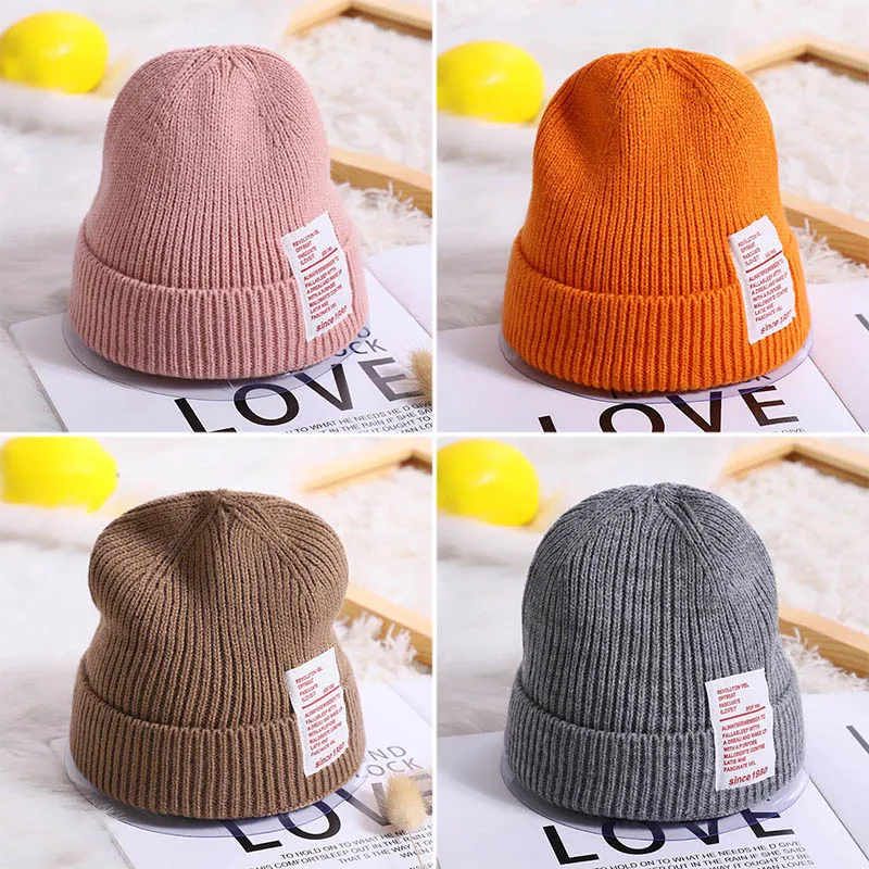 Warm Kids Winter Hats for Children Knitted Cap Solid Color Soft Crochet Boys Girls Beanie Hat