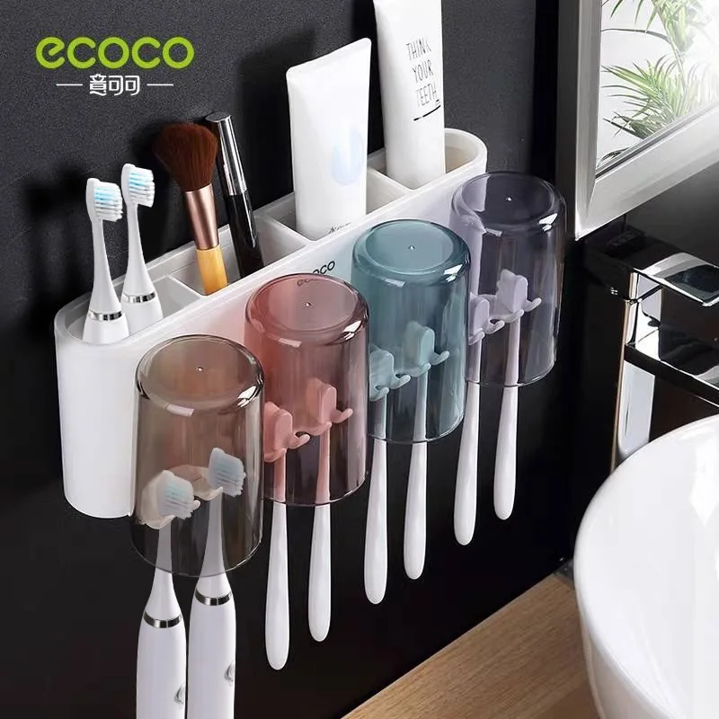 ecoco multifunctional toothbrush holder with cups toothpaste dispenser wall mount storage rack tools set bathroom accessories free global shipping